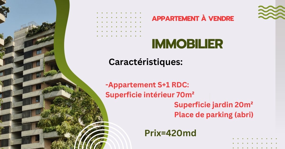 Ain Zaghouan Jardins de Carthage Vente Appart. 2 pices Appartement s1 rdc aux jardins de carthage